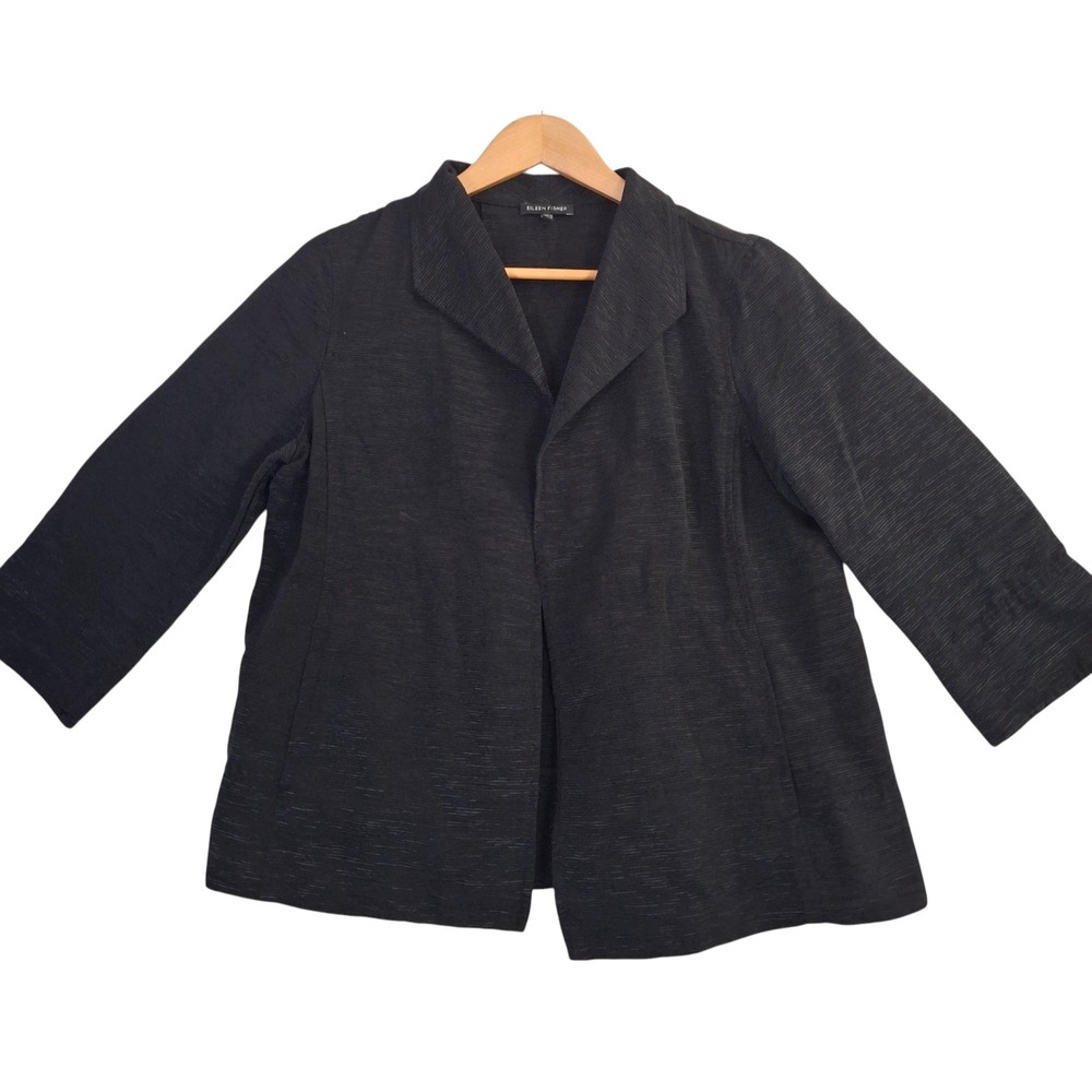 Eileen Fisher Open Front Jacket Size M Black Textured Italian Fabric Notch Lapel